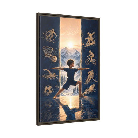 Main Mockup. Sports Yoga Boy Blue Yoga Sports shown as framed canvas print