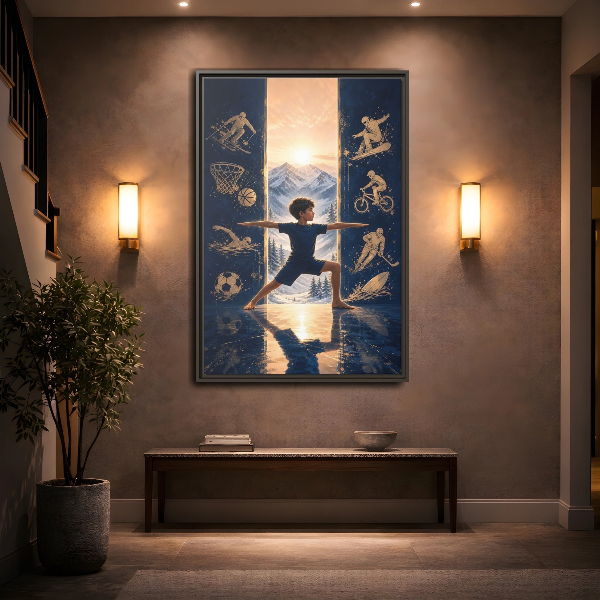 Mockup 2. Sports Yoga Boy Blue Yoga Sports shown as framed canvas print