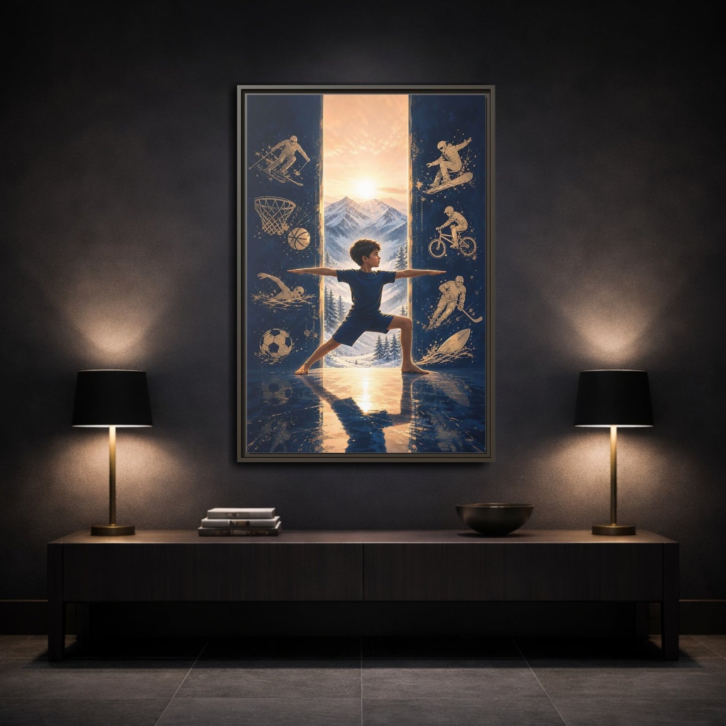 Mockup 3. Sports Yoga Boy Blue Yoga Sports shown as framed canvas print