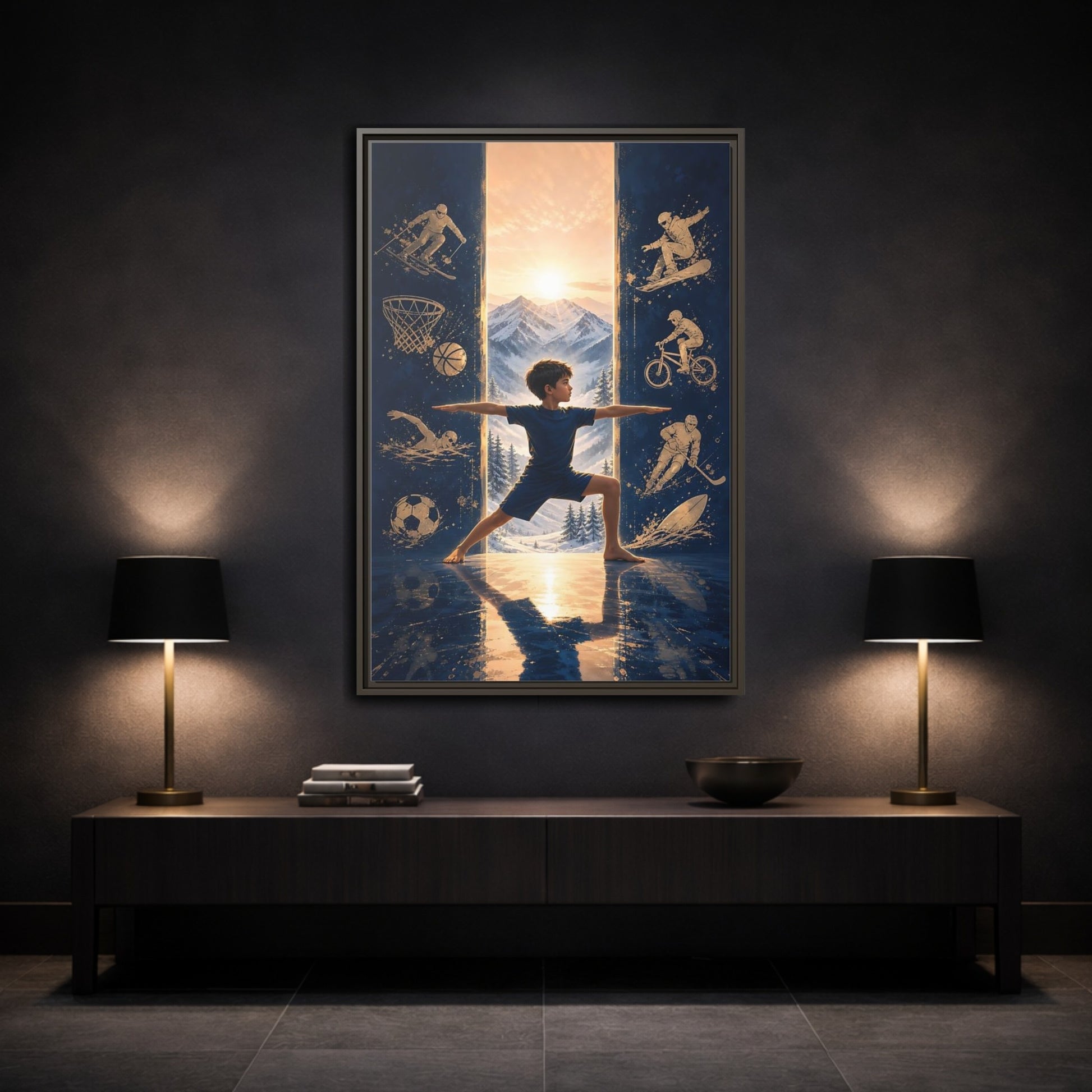 Mockup 3. Sports Yoga Boy Blue Yoga Sports shown as framed canvas print