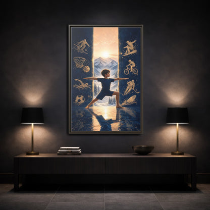 Mockup 3. Sports Yoga Boy Blue Yoga Sports shown as framed canvas print