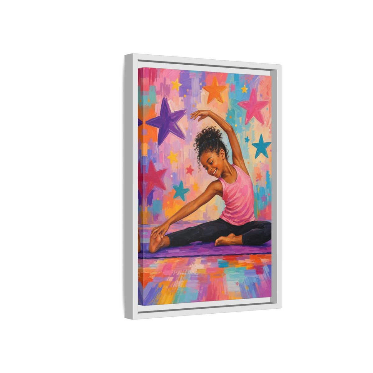 Side Mockup 4. Sports Yoga Girl Colorful Yoga Girl shown as framed canvas print