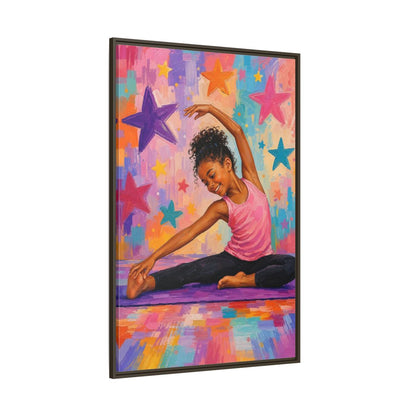 Side Mockup 8. Sports Yoga Girl Colorful Yoga Girl shown as framed canvas print