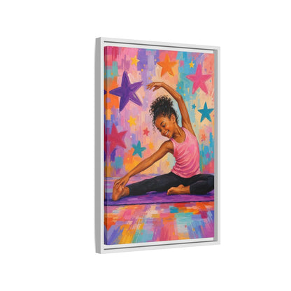 Side Mockup 1. Sports Yoga Girl Colorful Yoga Girl shown as framed canvas print