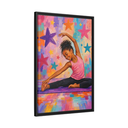 Side Mockup 14. Sports Yoga Girl Colorful Yoga Girl shown as framed canvas print