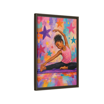 Side Mockup 2. Sports Yoga Girl Colorful Yoga Girl shown as framed canvas print