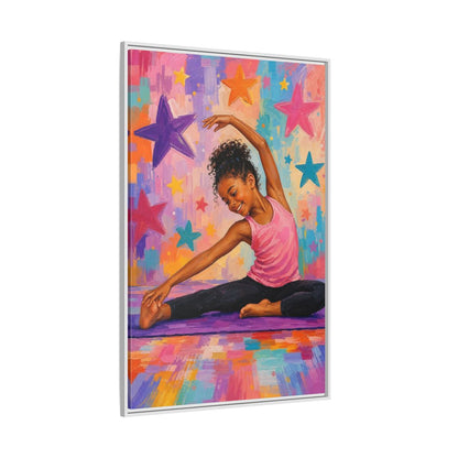 Side Mockup 7. Sports Yoga Girl Colorful Yoga Girl shown as framed canvas print