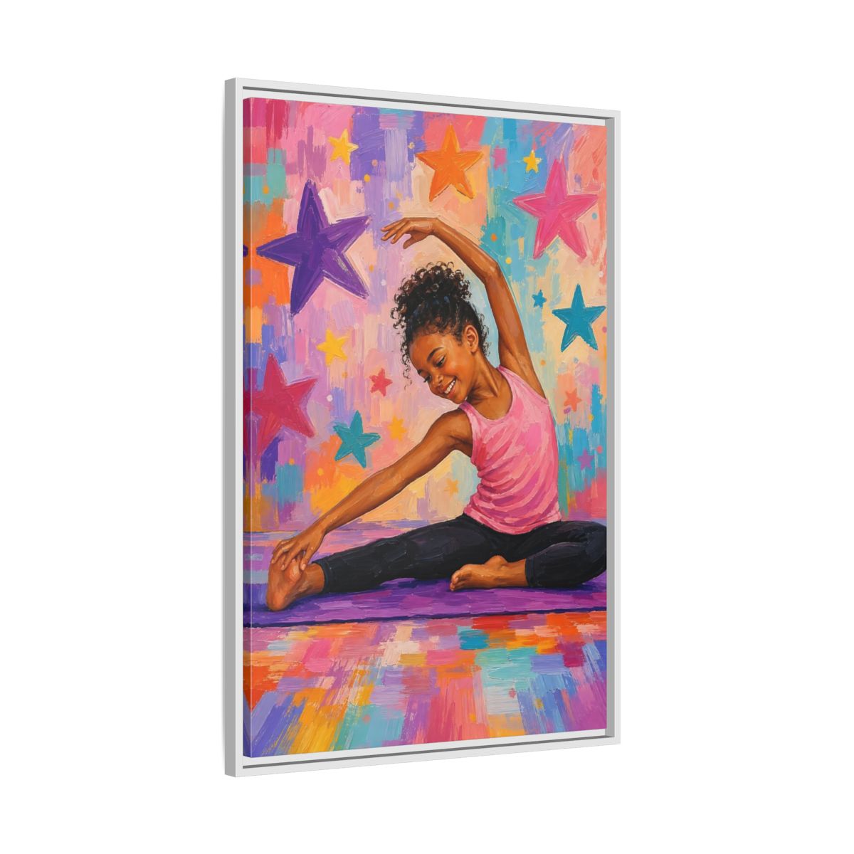 Side Mockup 9. Sports Yoga Girl Colorful Yoga Girl shown as framed canvas print