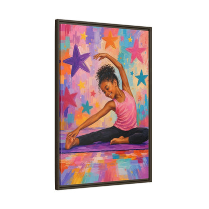Main Mockup. Sports Yoga Girl Colorful Yoga Girl shown as framed canvas print