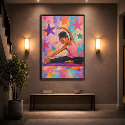 Mockup 2. Sports Yoga Girl Colorful Yoga Girl shown as framed canvas print