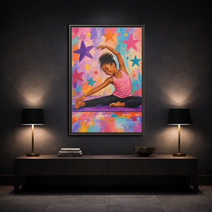Mockup 3. Sports Yoga Girl Colorful Yoga Girl shown as framed canvas print