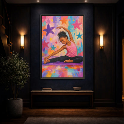 Mockup 4. Sports Yoga Girl Colorful Yoga Girl shown as framed canvas print