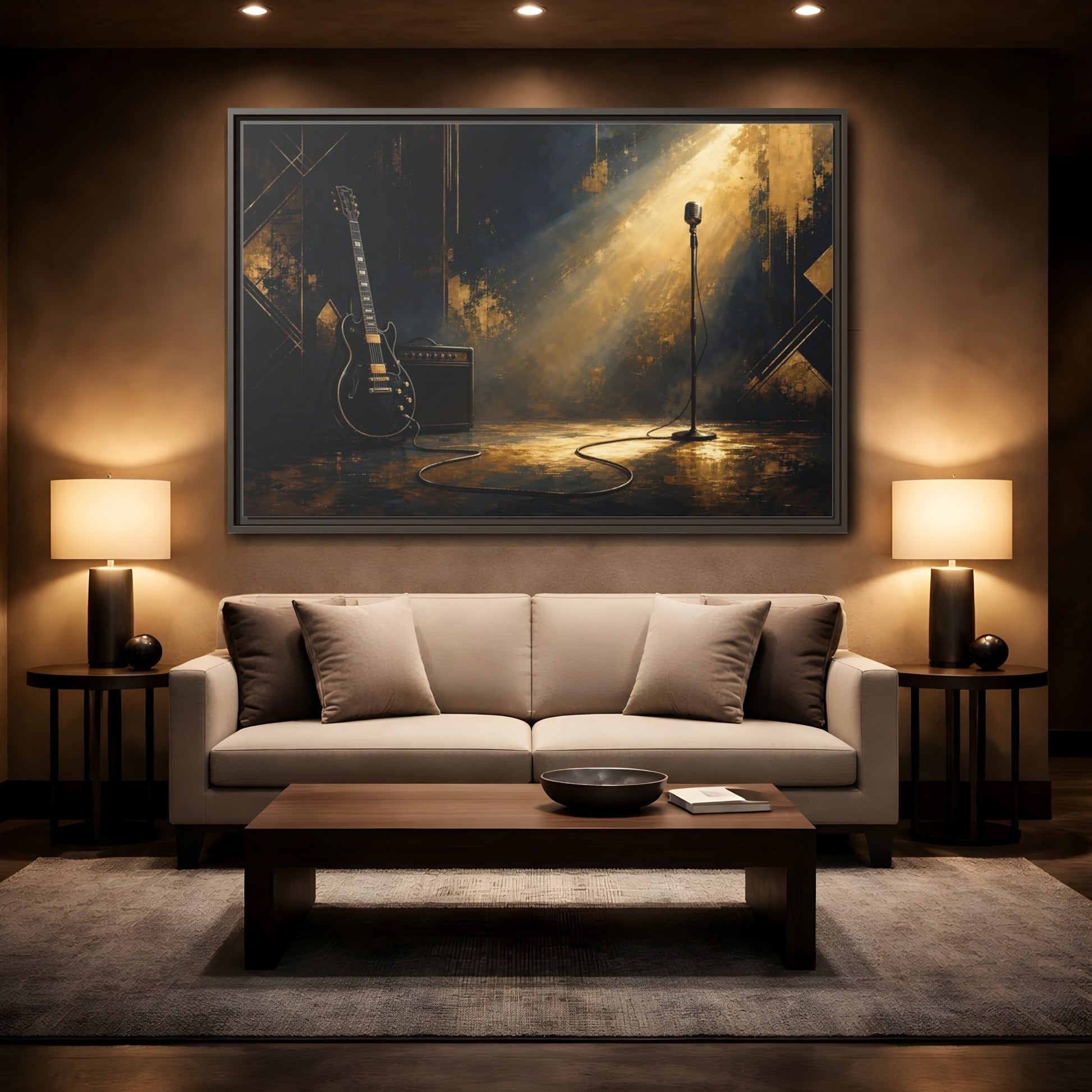 Mockup 2. Spotlighted Electric Guitar shown as framed canvas print