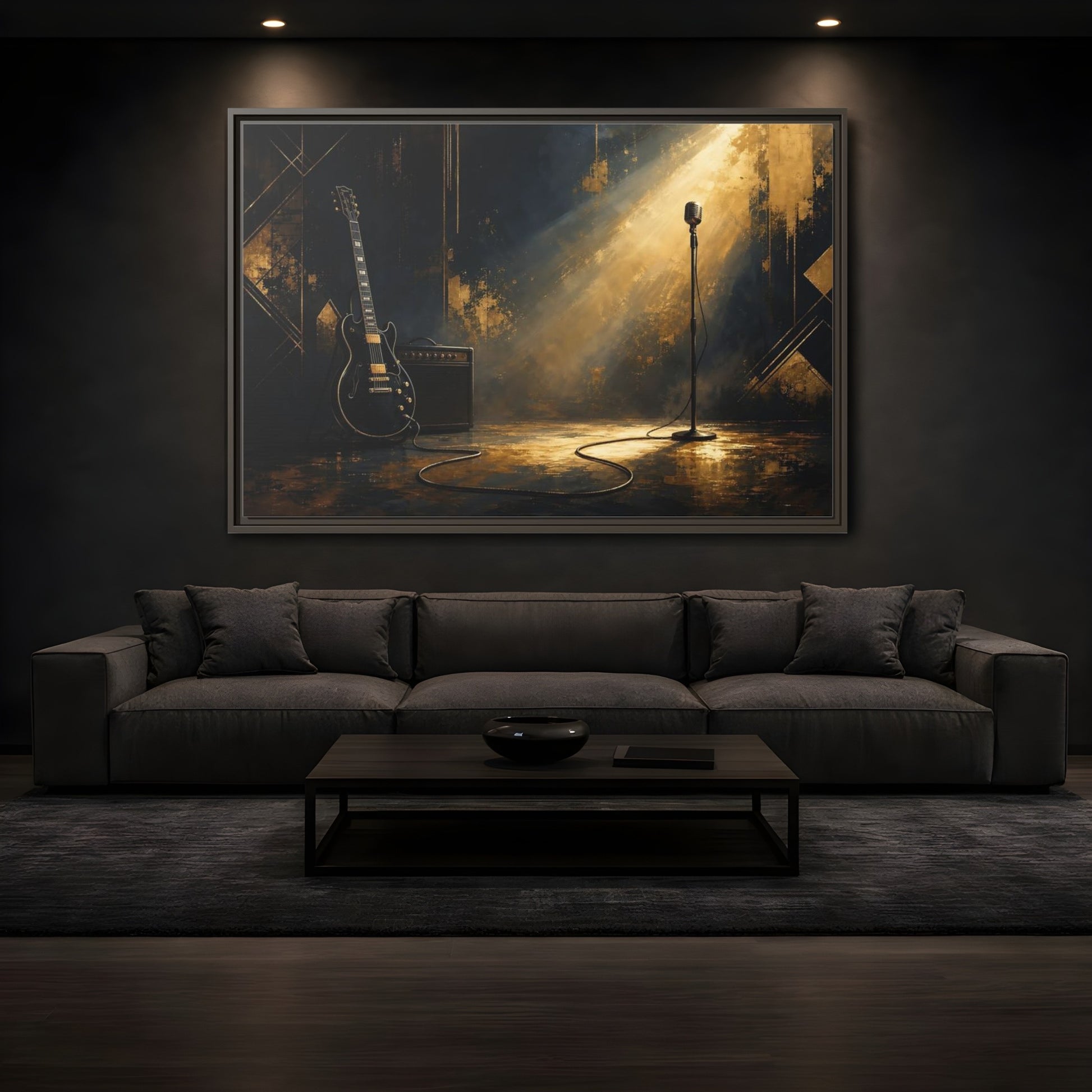 Mockup 3. Spotlighted Electric Guitar shown as framed canvas print
