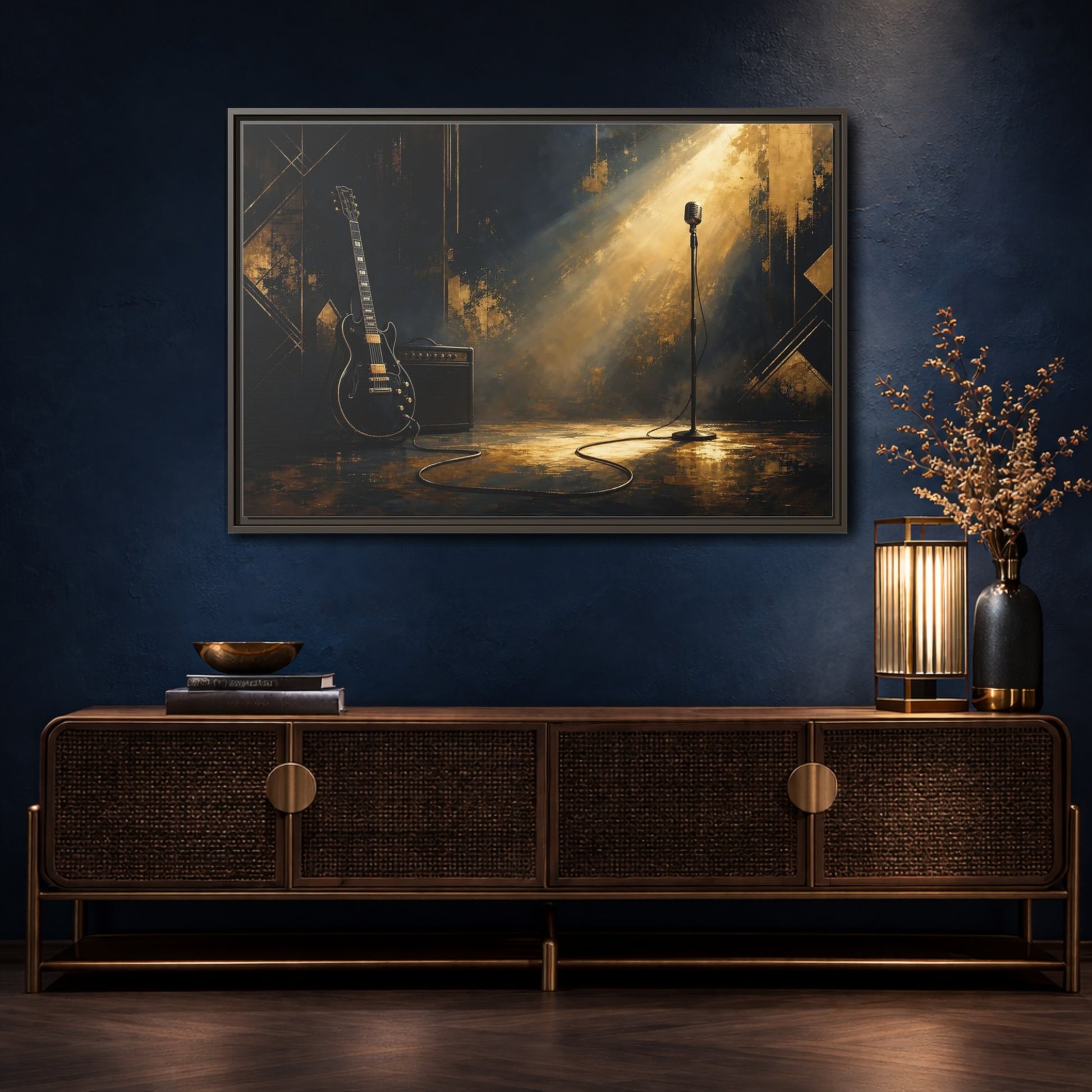 Mockup 4. Spotlighted Electric Guitar shown as framed canvas print