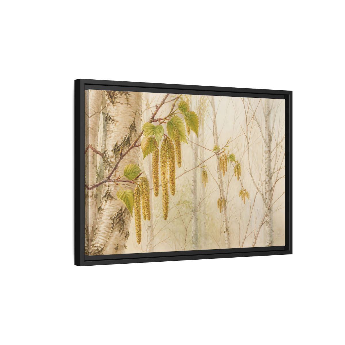 Side Mockup 3. Spring Birch Catkins shown as framed canvas print