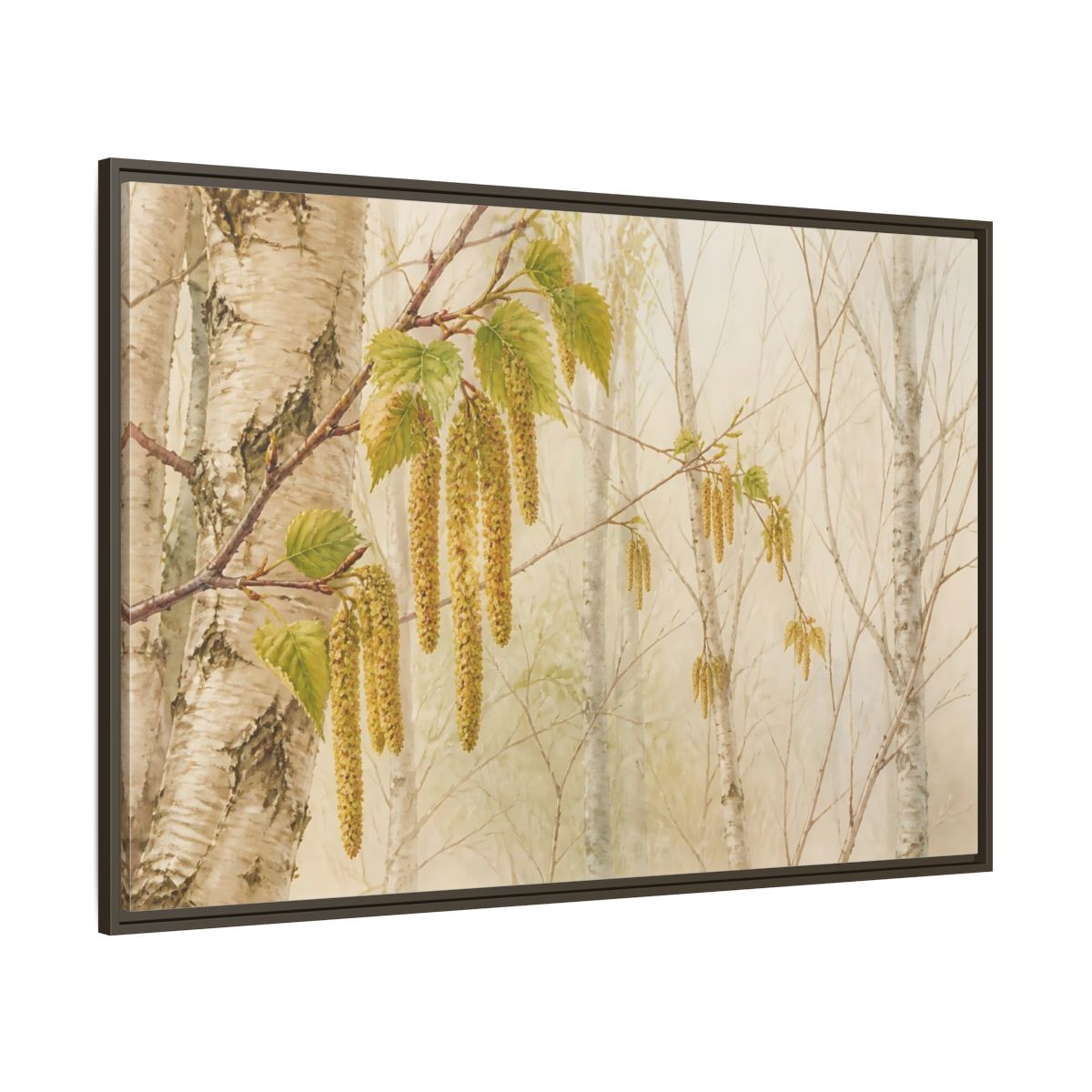Side Mockup 8. Spring Birch Catkins shown as framed canvas print
