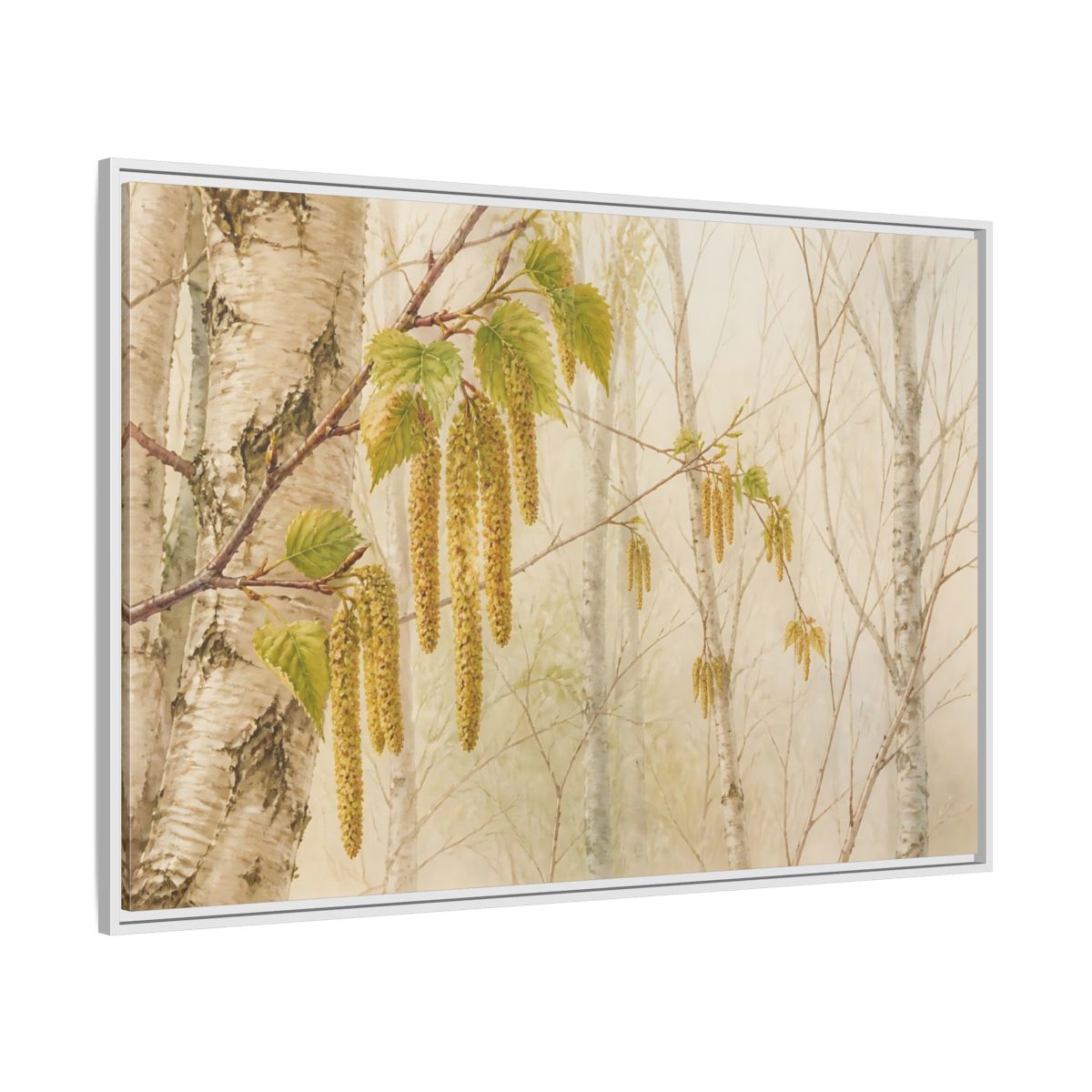 Side Mockup 7. Spring Birch Catkins shown as framed canvas print