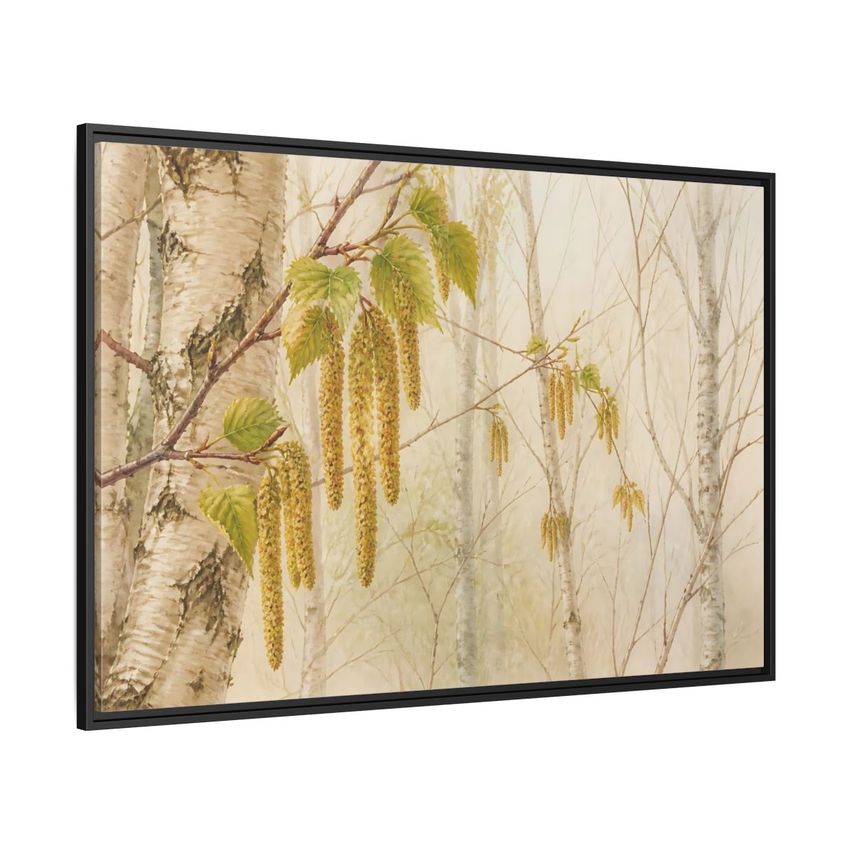 Side Mockup 12. Spring Birch Catkins shown as framed canvas print