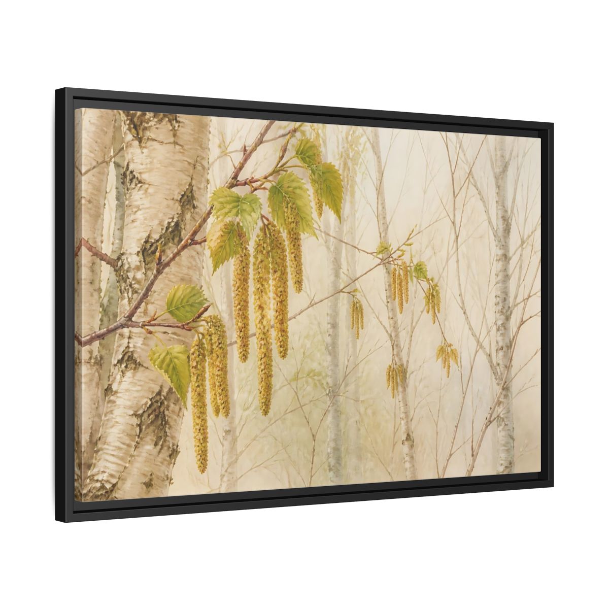 Side Mockup 14. Spring Birch Catkins shown as framed canvas print