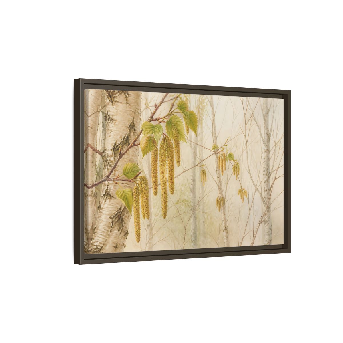 Side Mockup 2. Spring Birch Catkins shown as framed canvas print