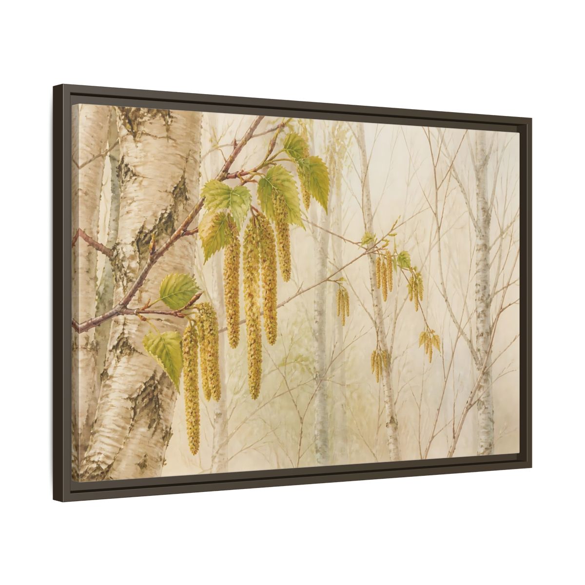 Side Mockup 11. Spring Birch Catkins shown as framed canvas print