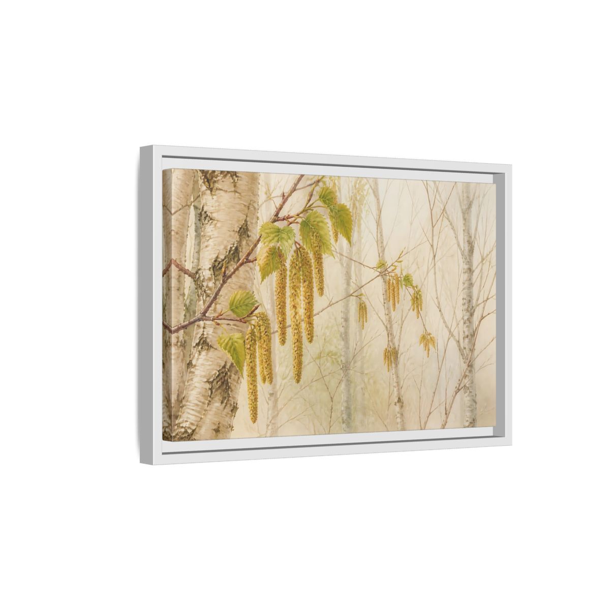 Side Mockup 4. Spring Birch Catkins shown as framed canvas print