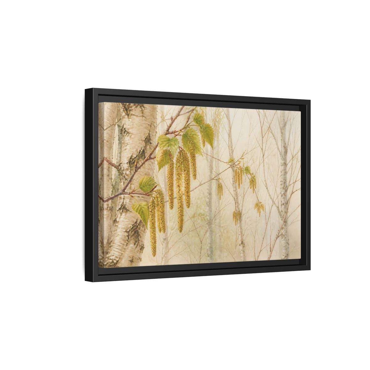 Side Mockup 6. Spring Birch Catkins shown as framed canvas print