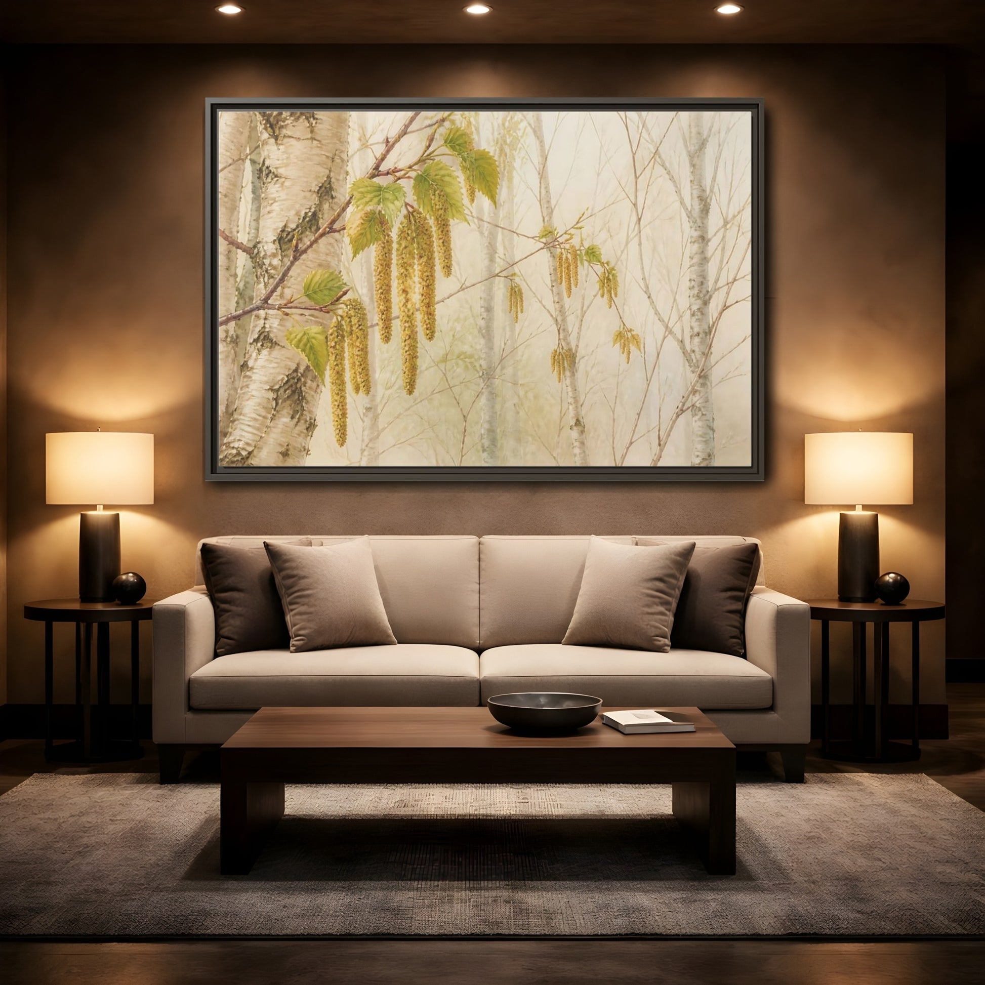 Mockup 2. Spring Birch Catkins shown as framed canvas print