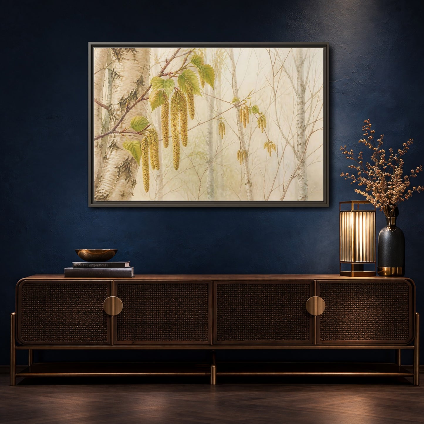 Mockup 4. Spring Birch Catkins shown as framed canvas print