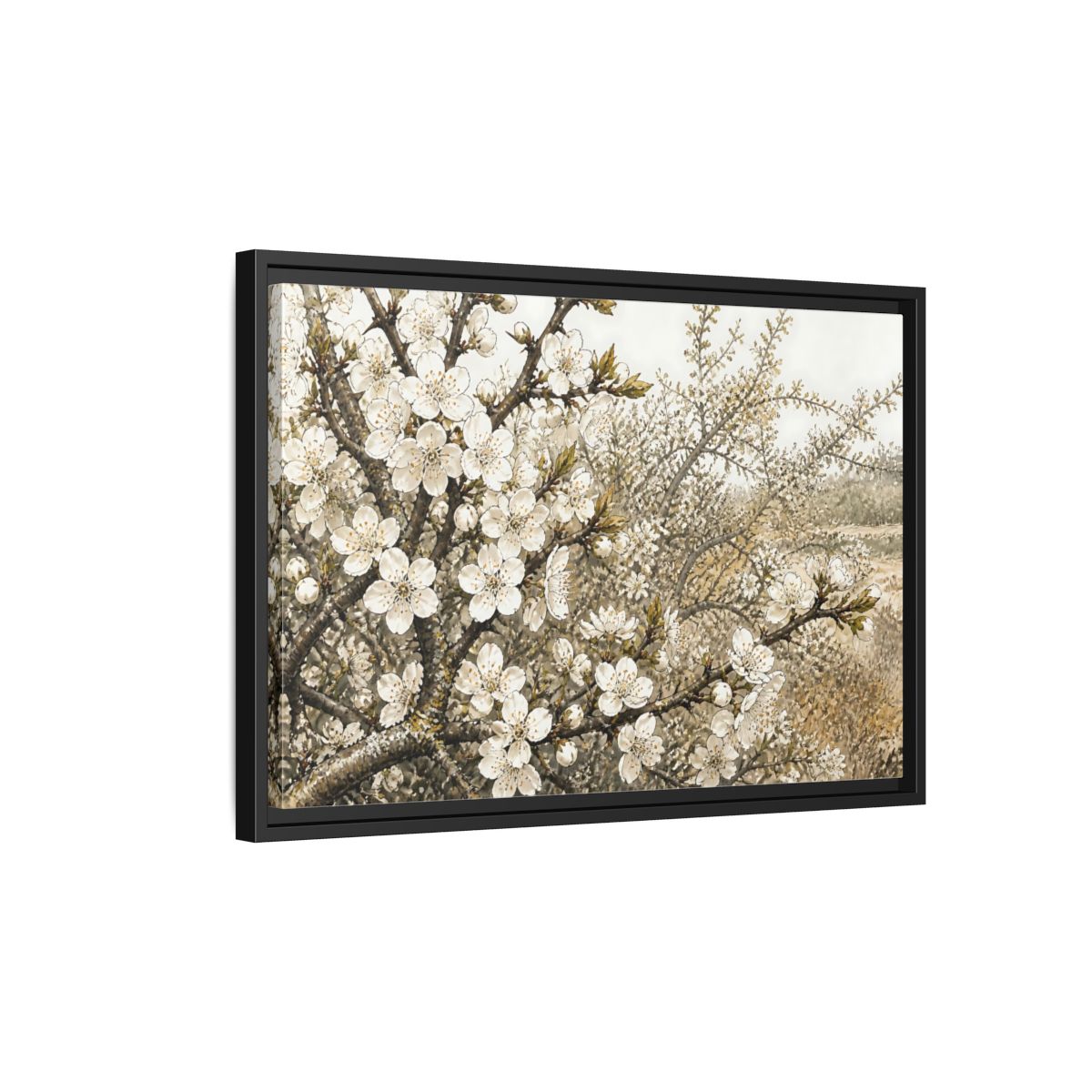 Side Mockup 3. Spring Blossom Branch shown as framed canvas print