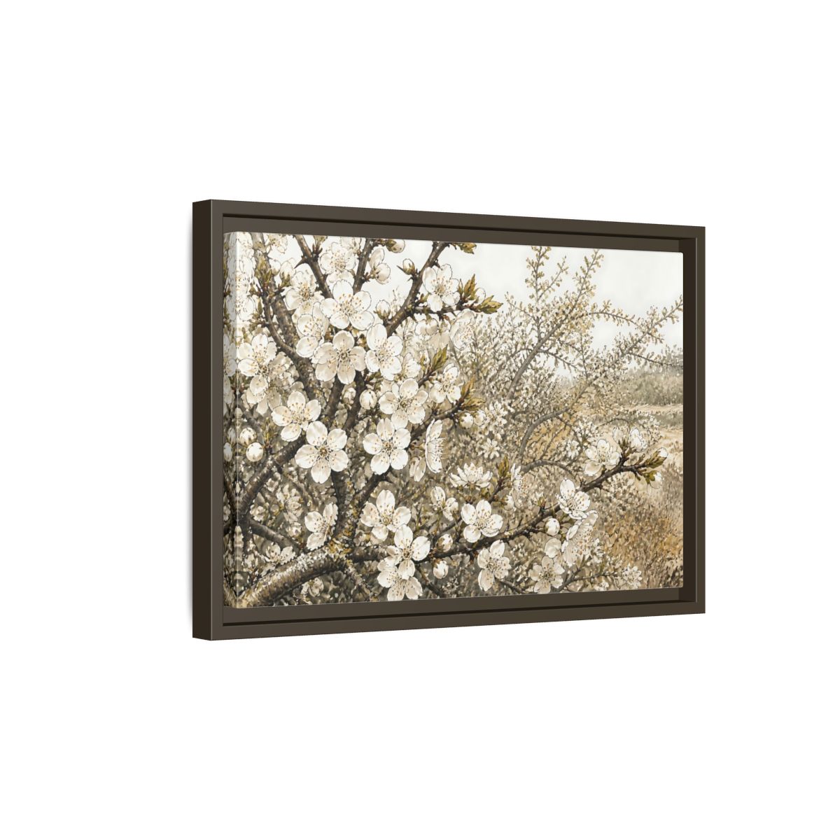 Side Mockup 5. Spring Blossom Branch shown as framed canvas print