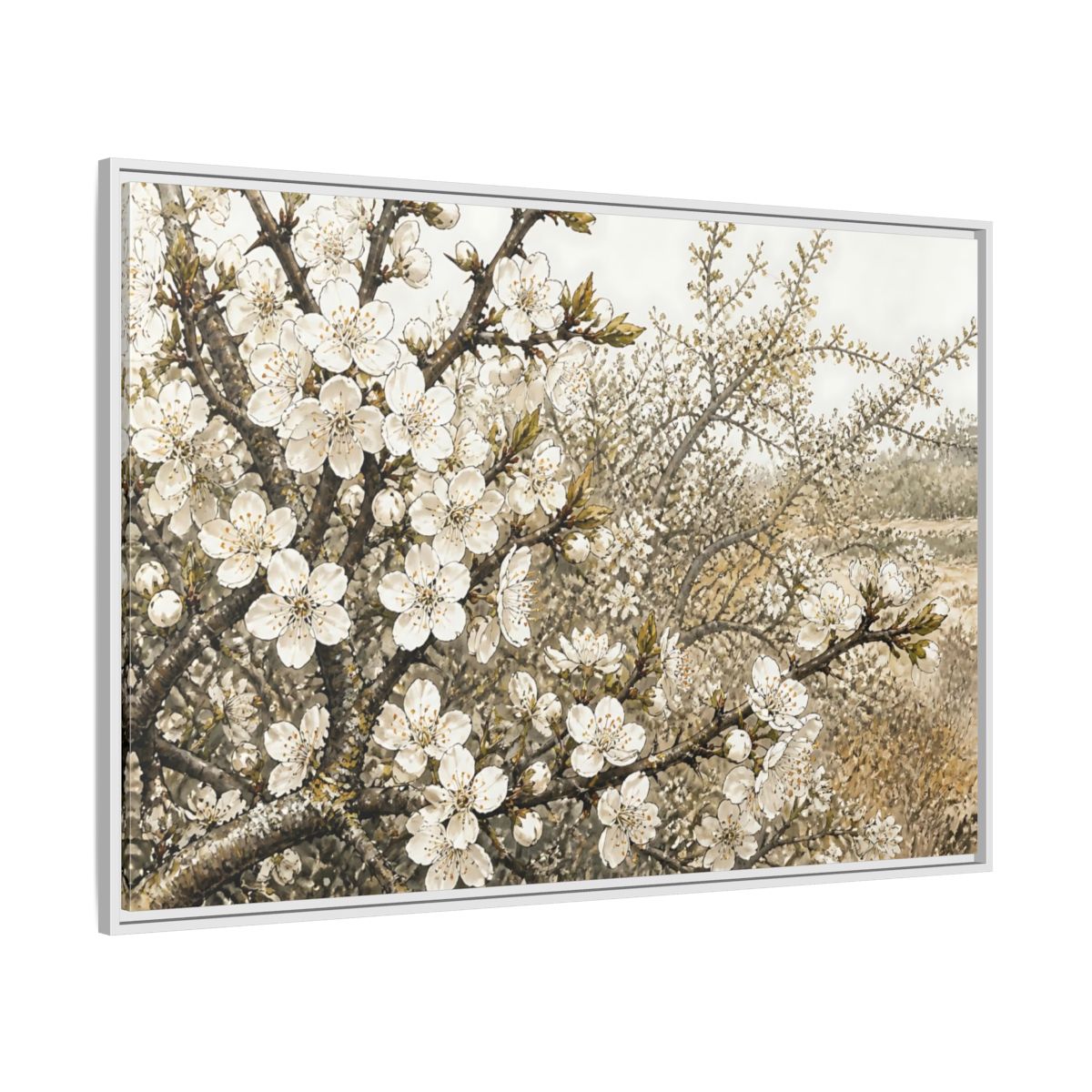 Side Mockup 7. Spring Blossom Branch shown as framed canvas print