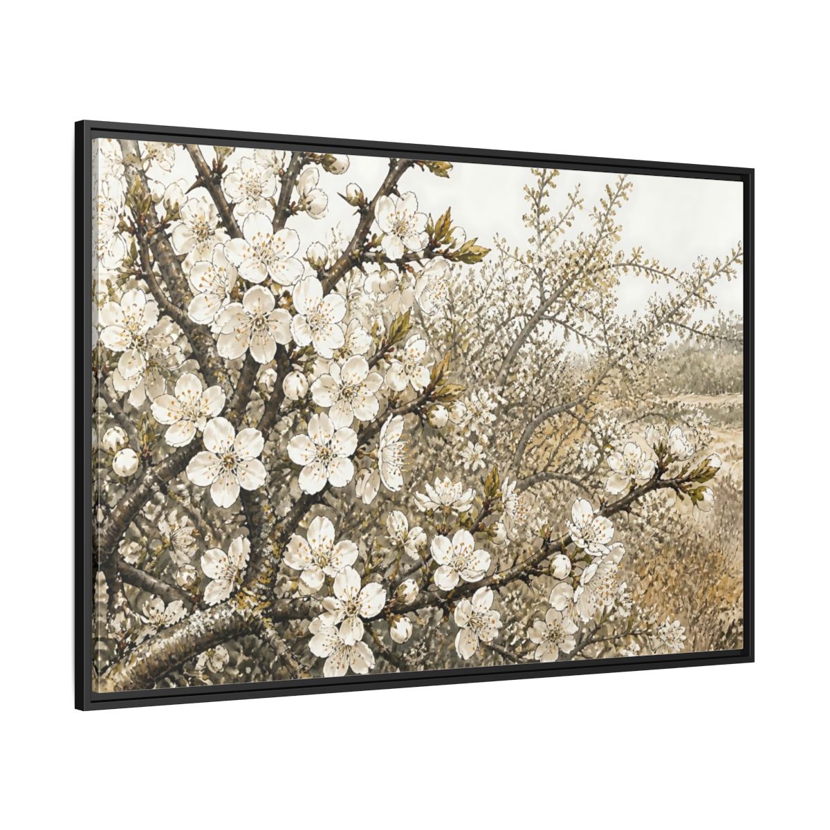 Side Mockup 12. Spring Blossom Branch shown as framed canvas print