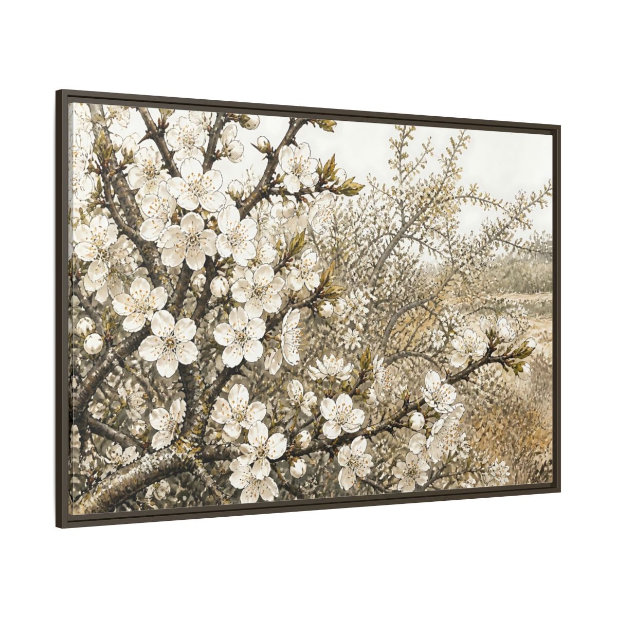Side Mockup 8. Spring Blossom Branch shown as framed canvas print