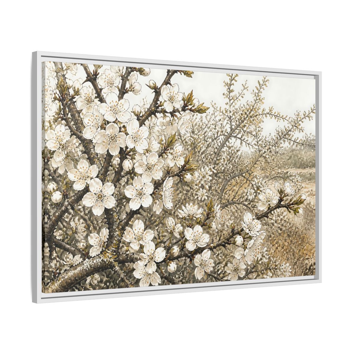 Side Mockup 9. Spring Blossom Branch shown as framed canvas print