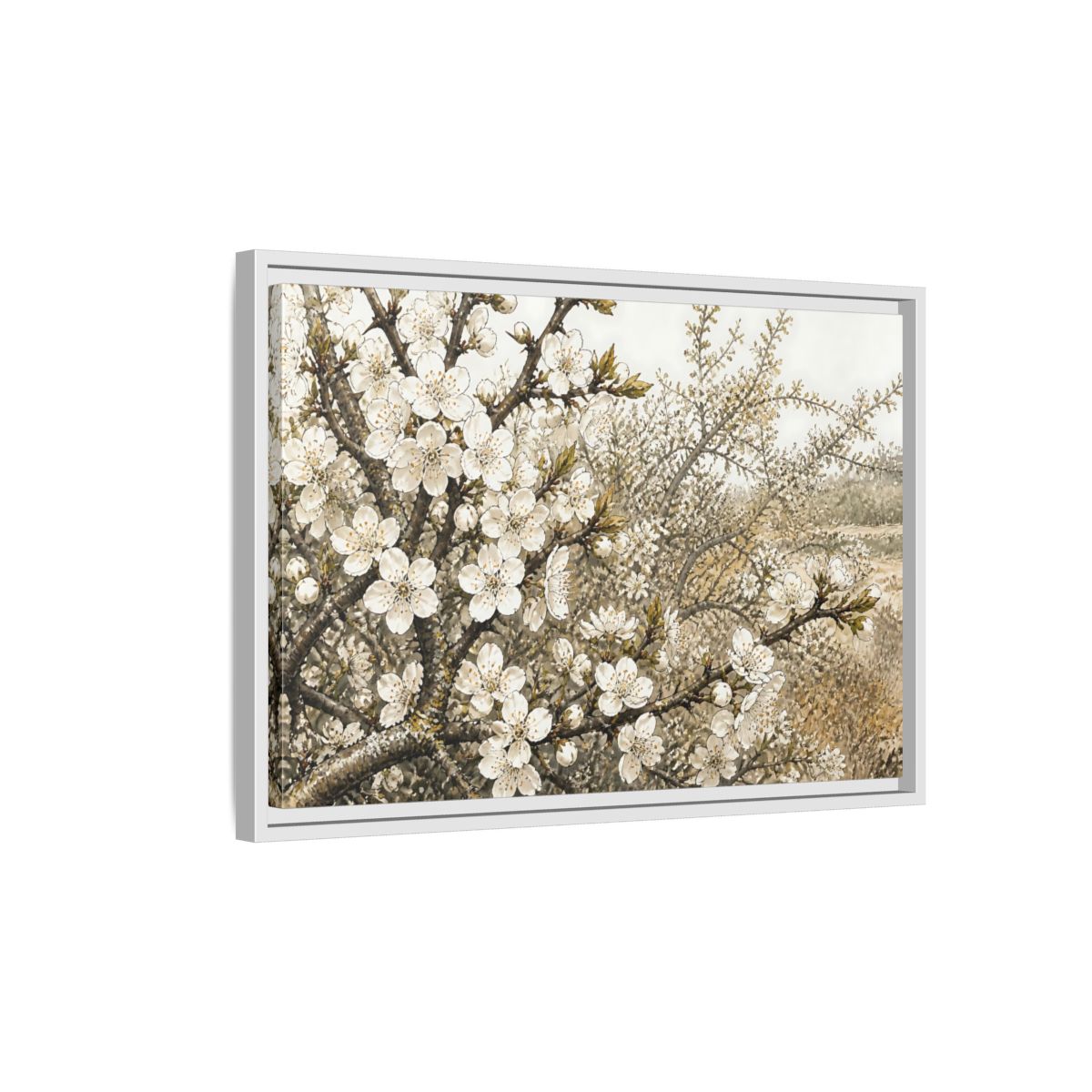 Side Mockup 1. Spring Blossom Branch shown as framed canvas print