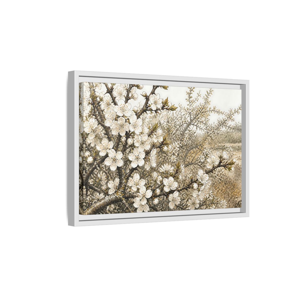 Side Mockup 4. Spring Blossom Branch shown as framed canvas print