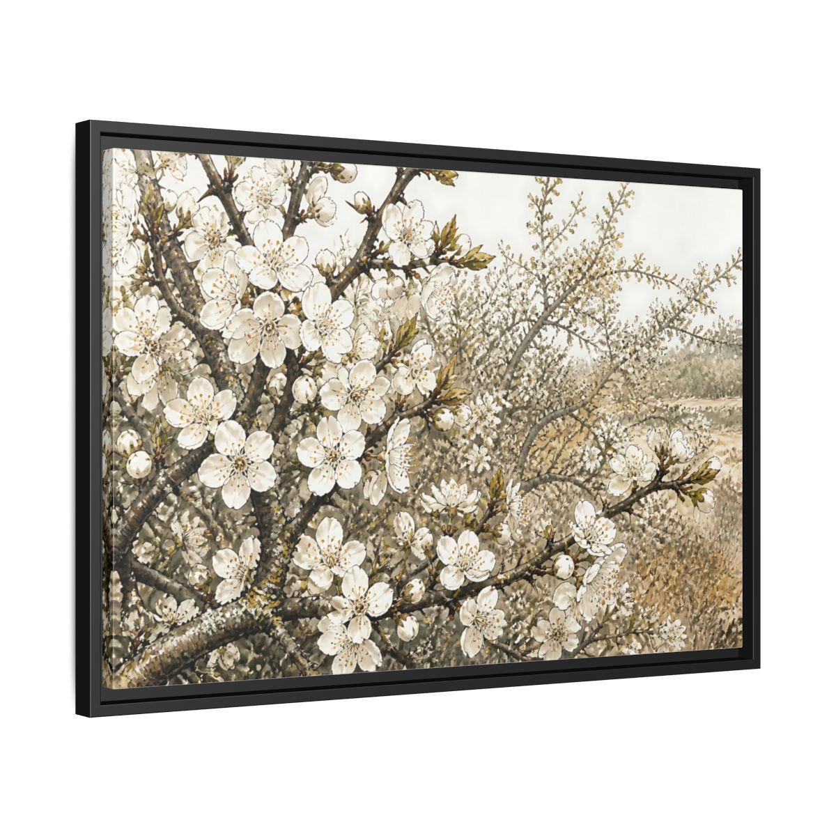 Side Mockup 14. Spring Blossom Branch shown as framed canvas print