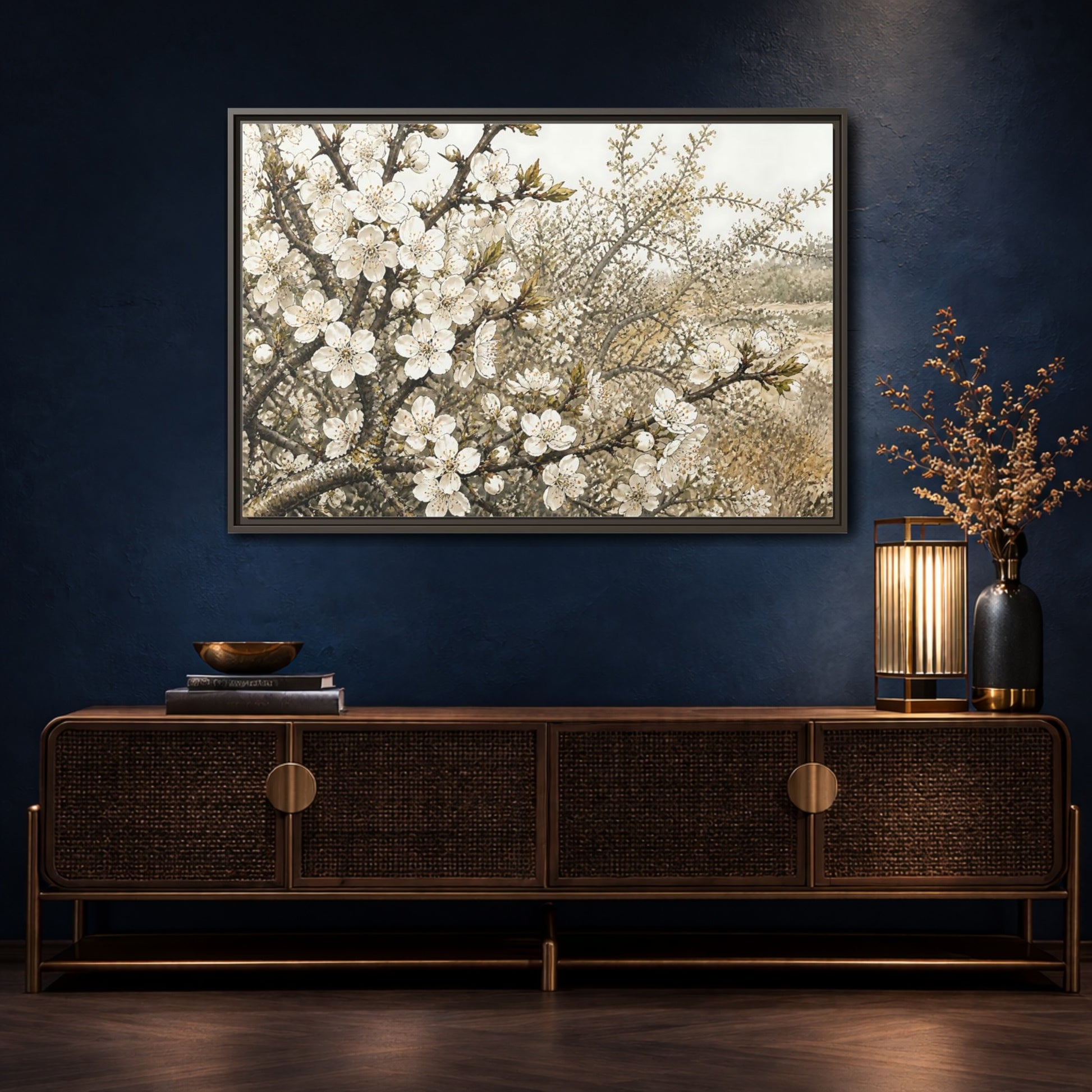 Mockup 4. Spring Blossom Branch shown as framed canvas print
