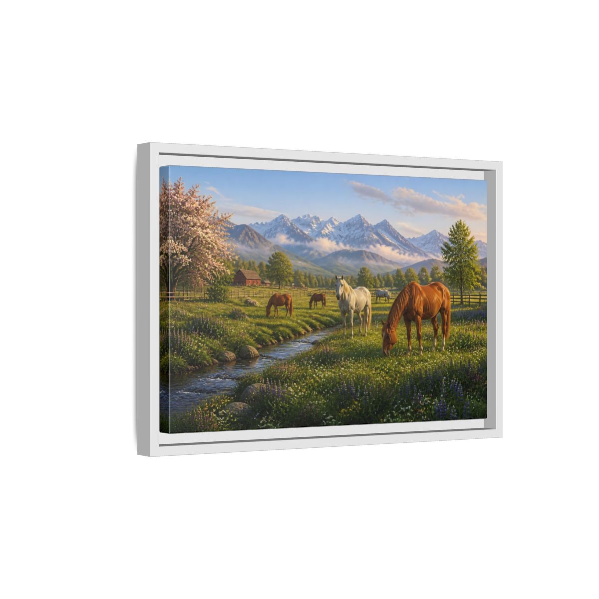 Side Mockup 4. Spring Meadow With Horses shown as framed canvas print