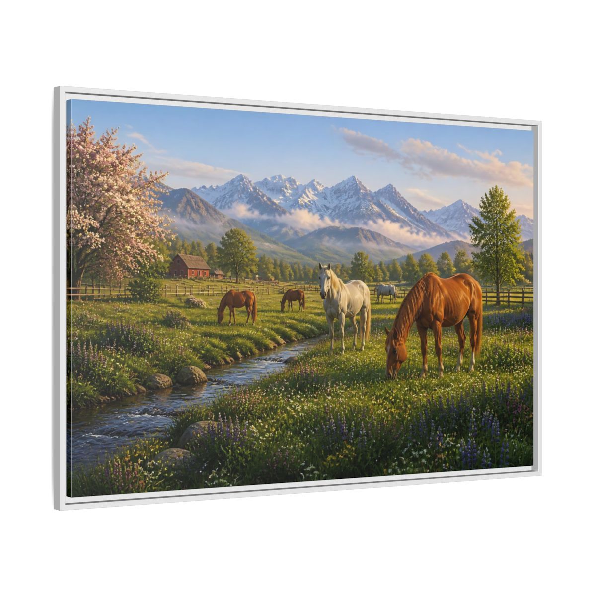 Side Mockup 7. Spring Meadow With Horses shown as framed canvas print