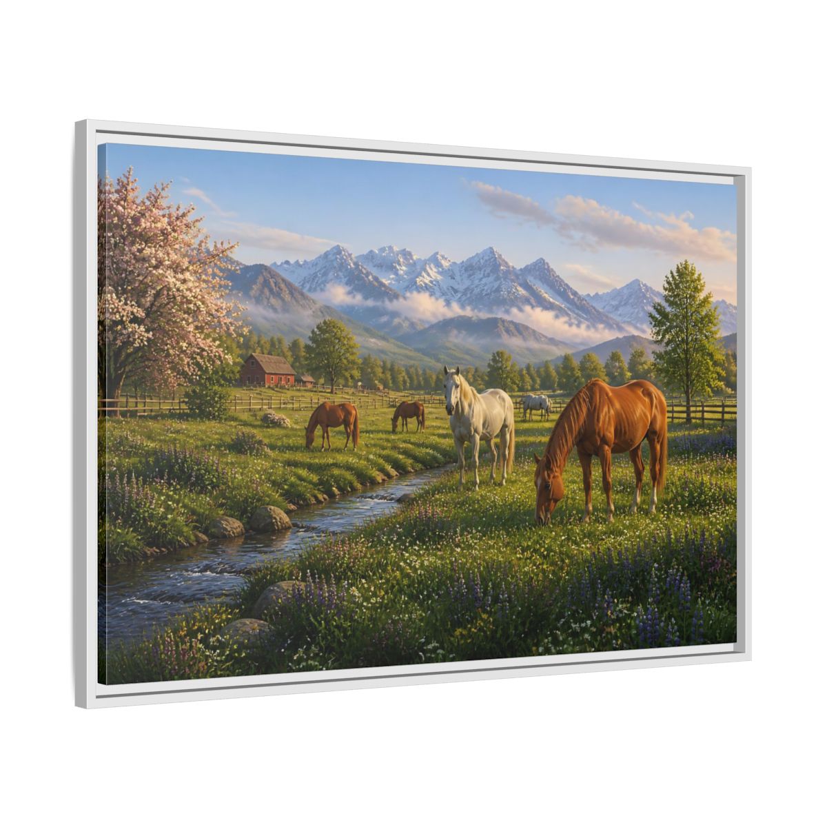 Side Mockup 9. Spring Meadow With Horses shown as framed canvas print
