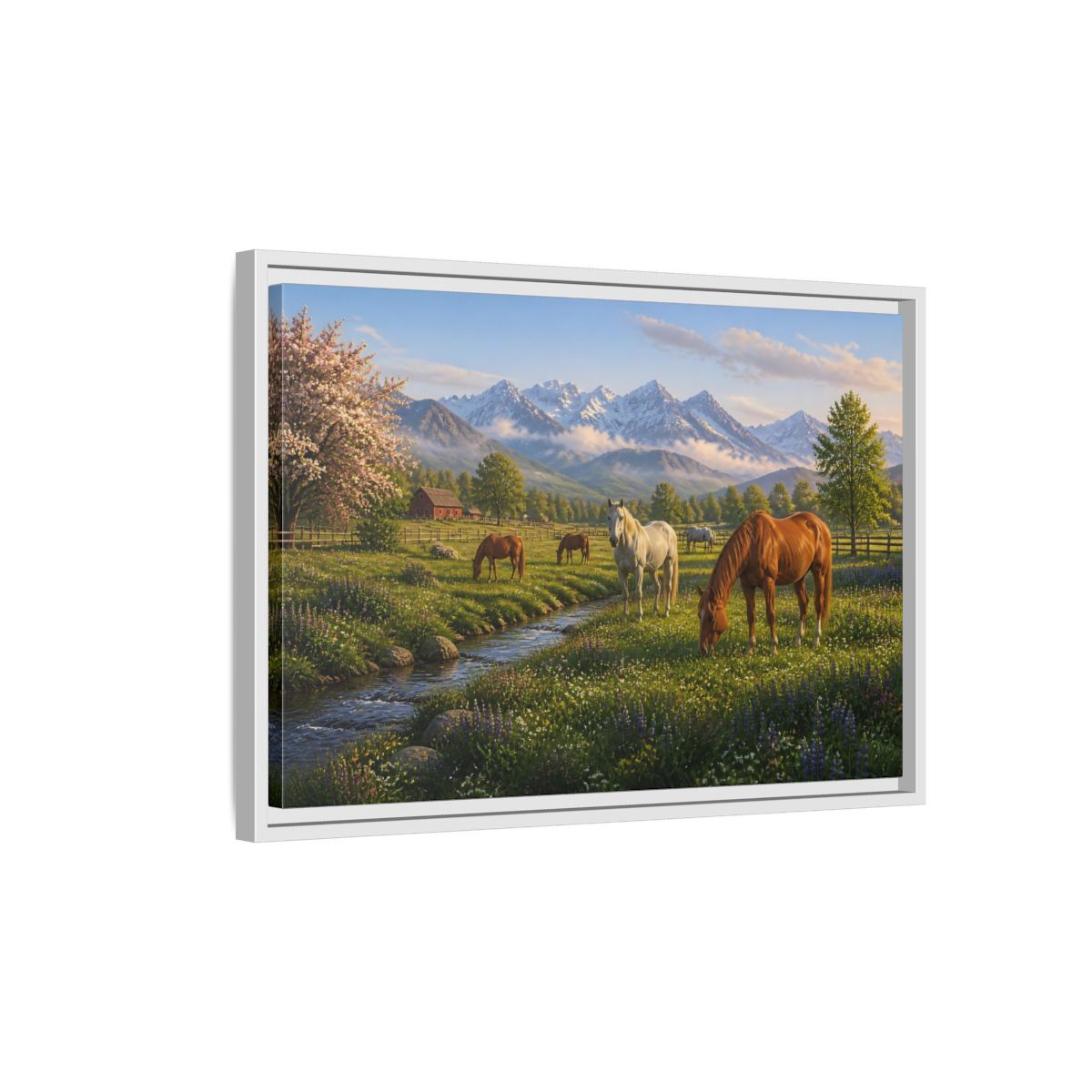 Side Mockup 1. Spring Meadow With Horses shown as framed canvas print