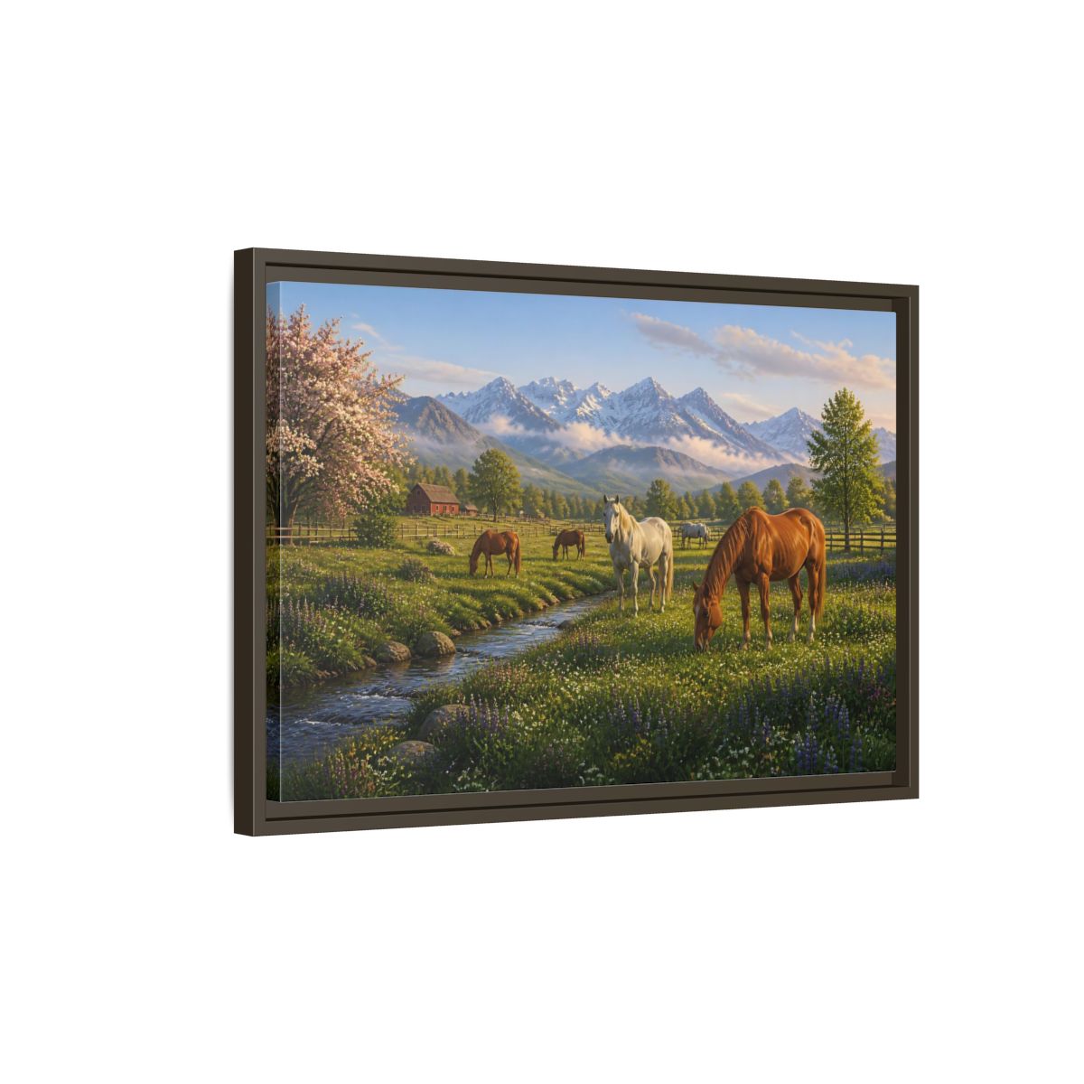 Side Mockup 2. Spring Meadow With Horses shown as framed canvas print