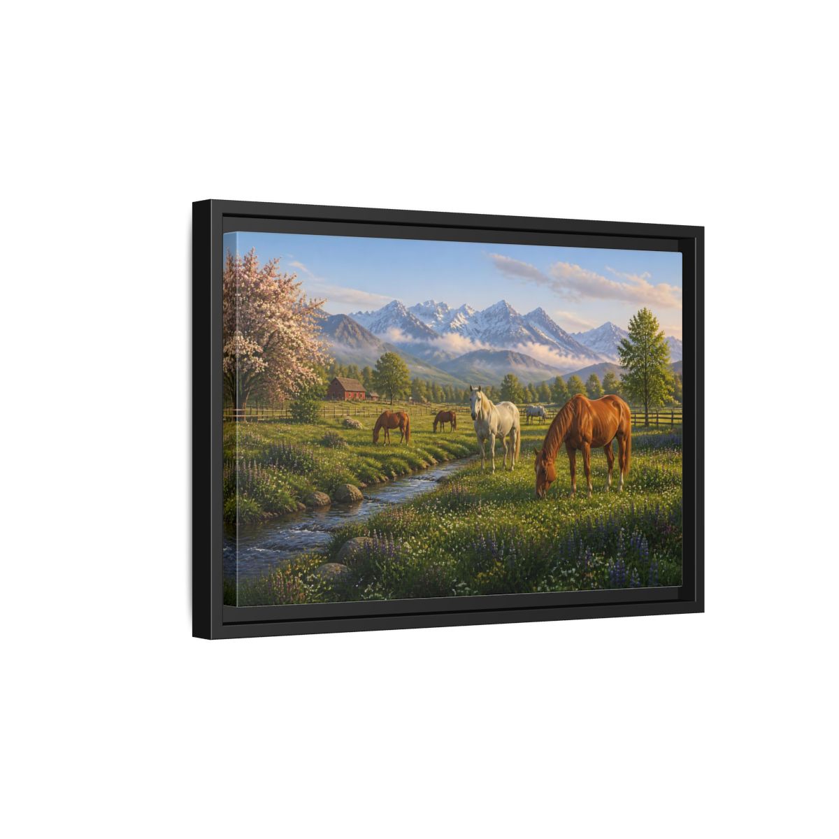 Side Mockup 6. Spring Meadow With Horses shown as framed canvas print
