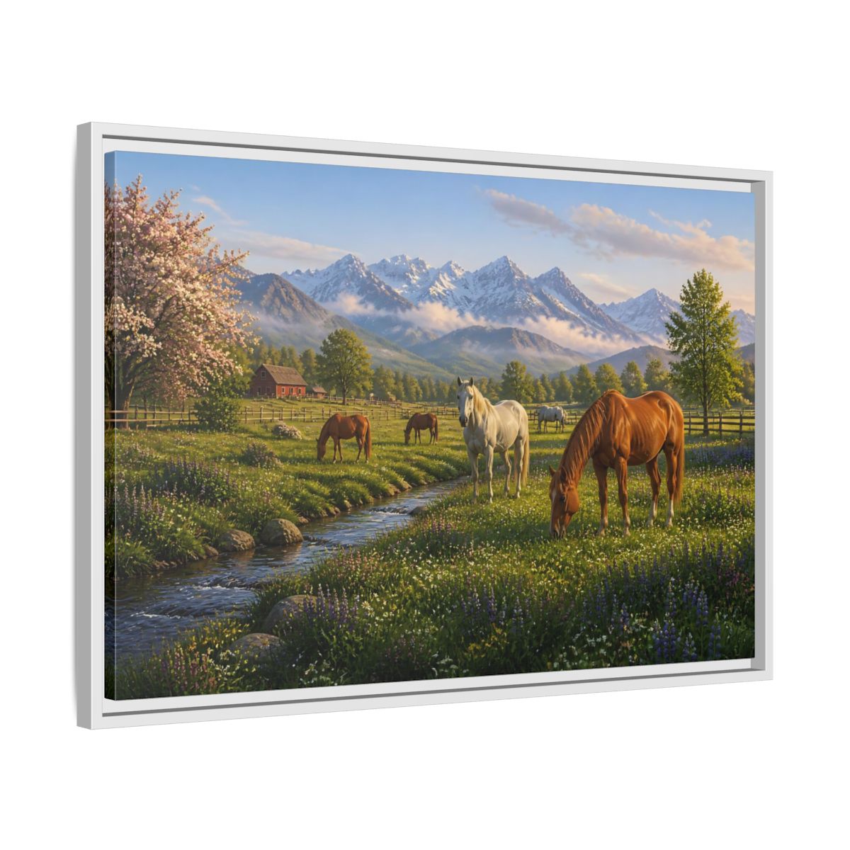 Side Mockup 10. Spring Meadow With Horses shown as framed canvas print