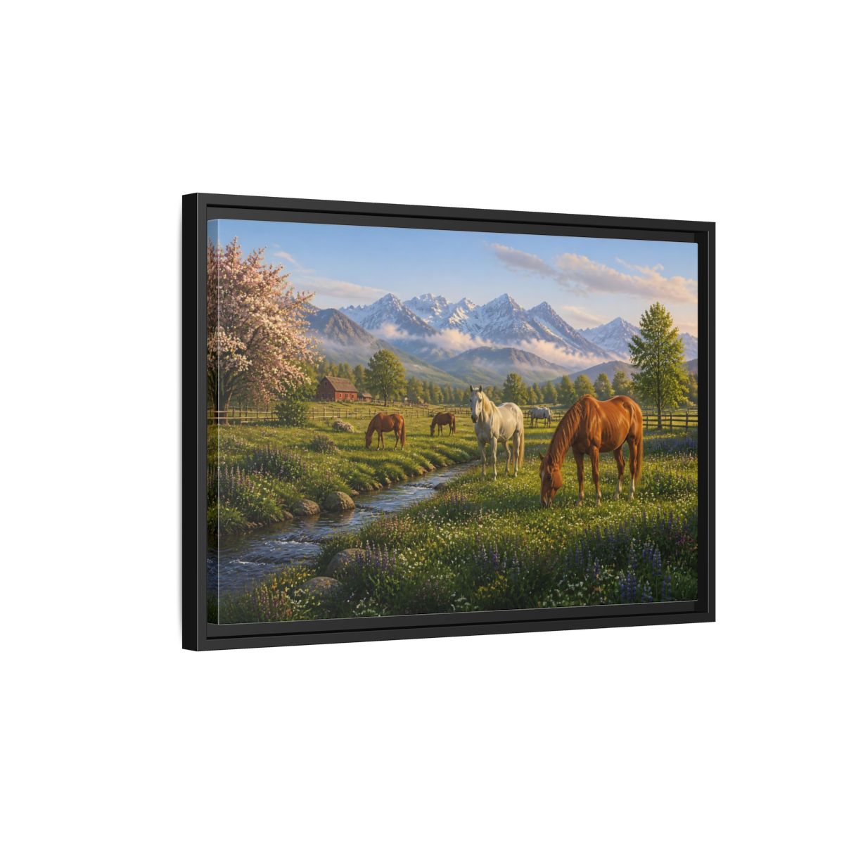 Side Mockup 3. Spring Meadow With Horses shown as framed canvas print