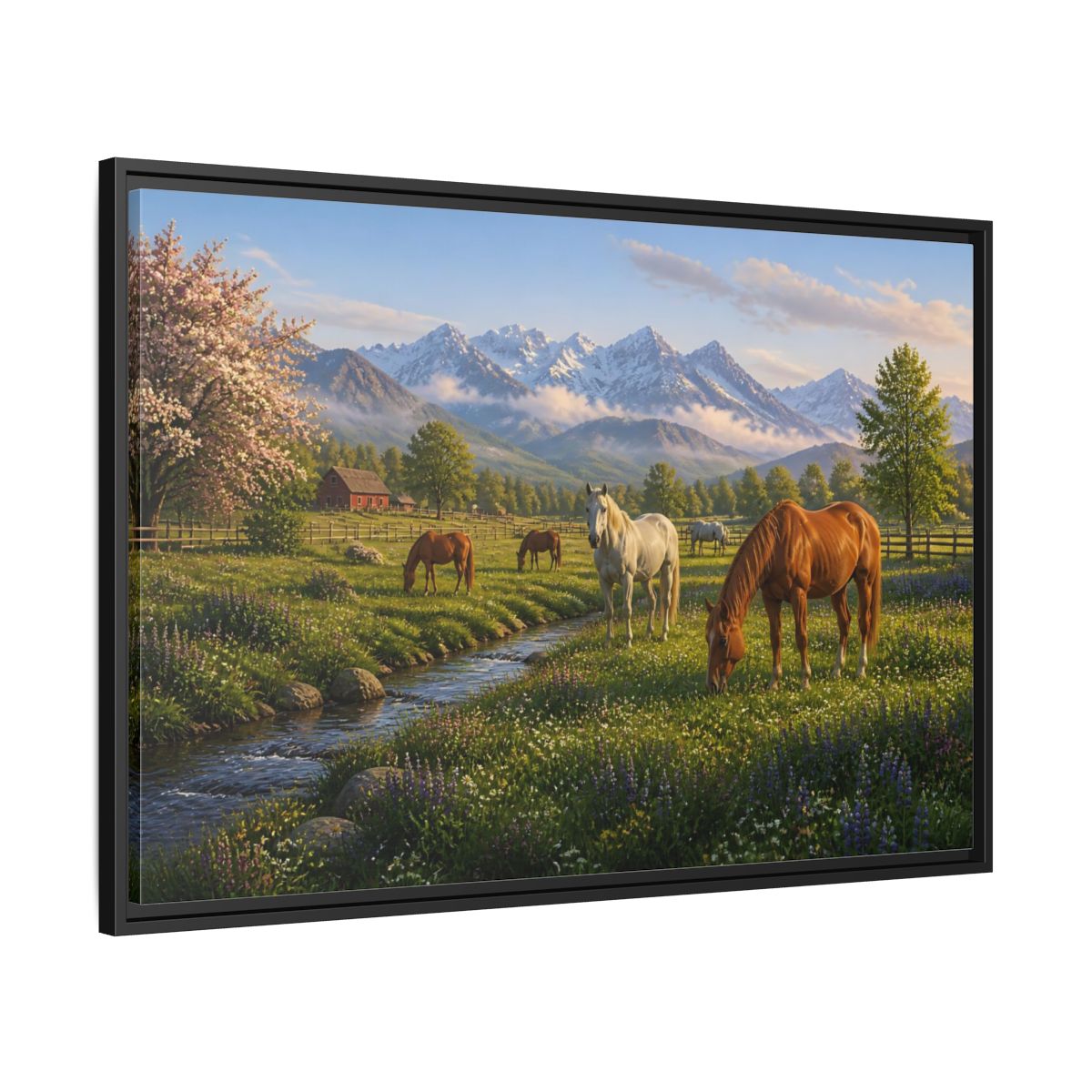 Side Mockup 13. Spring Meadow With Horses shown as framed canvas print