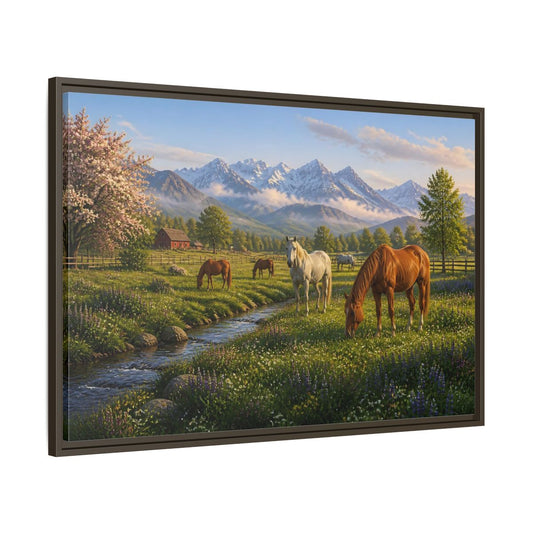 Main Mockup. Spring Meadow With Horses shown as framed canvas print